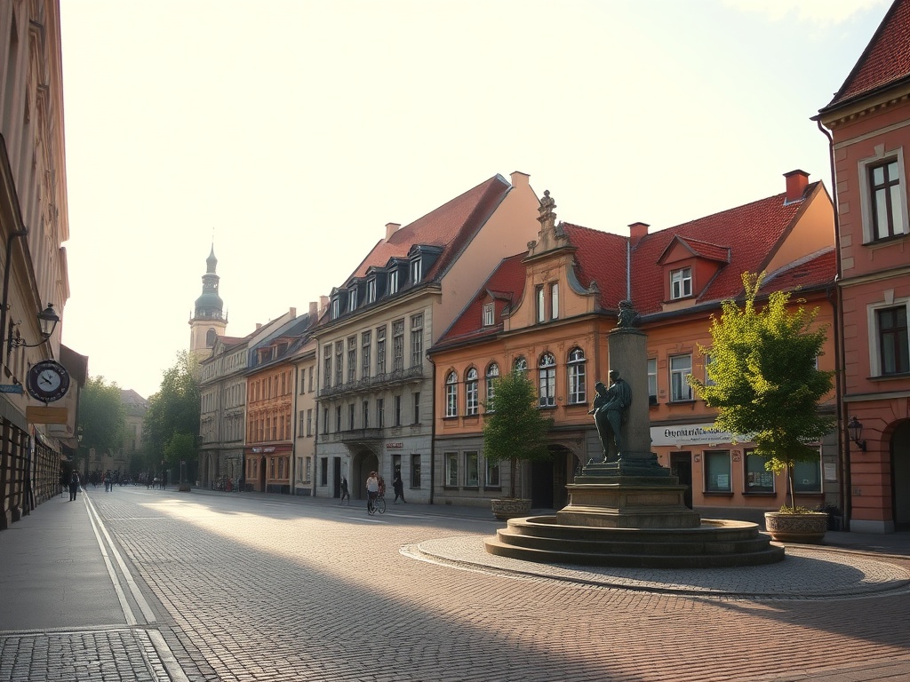 Widok na historyczną zabudowę Aleksandrowa Kujawskiego z rzeką w tle
